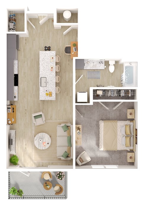 A floor plan of a small apartment with a kitchen, living room, and bathroom.